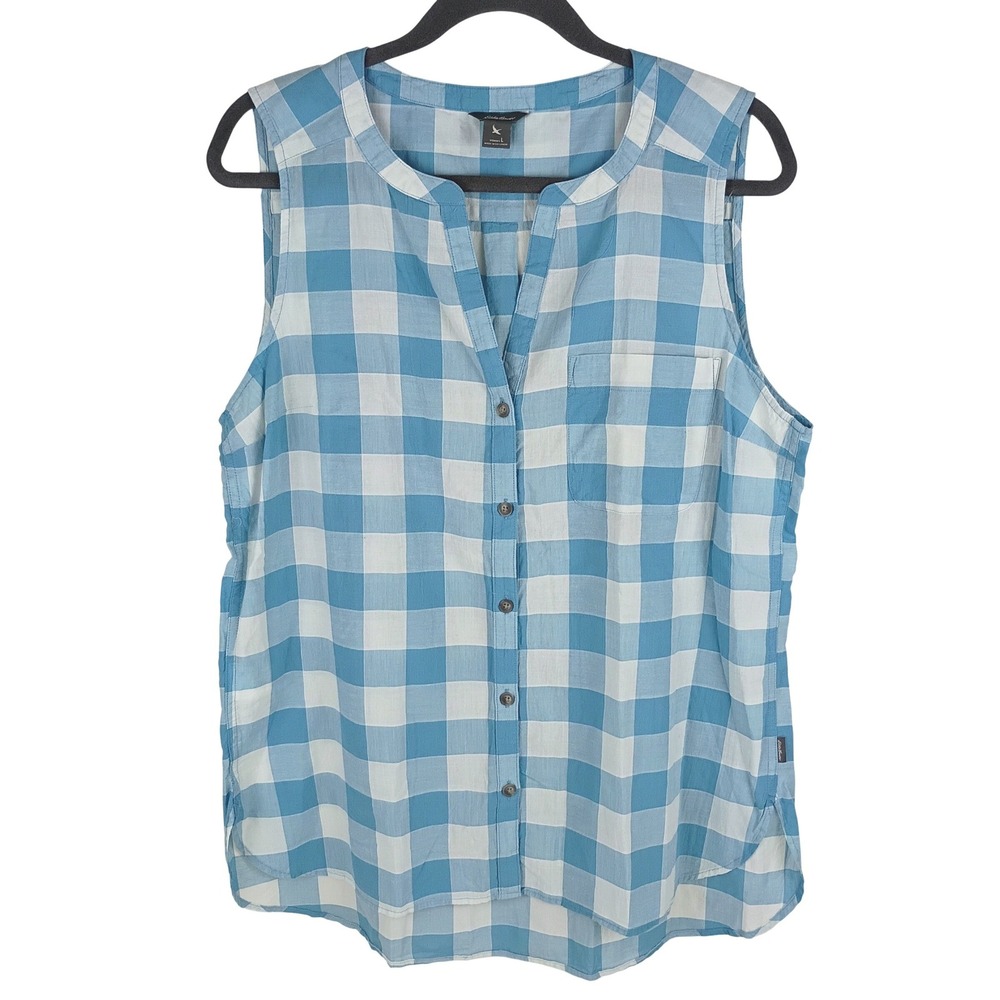 Eddie Bauer Womens Blue White Gingham Buffalo Check Sleeveless Shirt Large